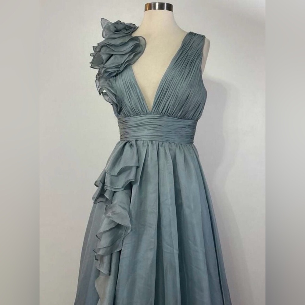 Mac Duggal Ruffle Shoulder Open Back V-Neck Chiffon Gown - Picture 2 of 9